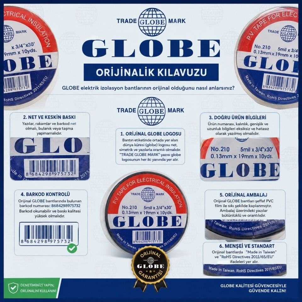 Globe İzole Elektrik Bandı 0,13mmx19mmx10yds SİYAH (1 Koli:500 Ad.)